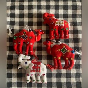 Vintage Set of 4 Felt Camel & Elephant Ornaments